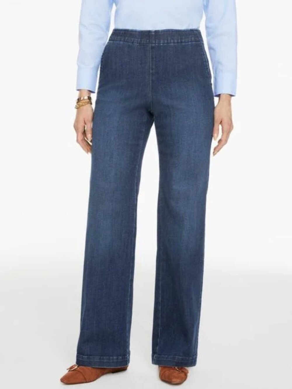 Talbots Pull-On Travel Trouser Jean Dark Wash Wide Leg Stretch Denim Size Med P